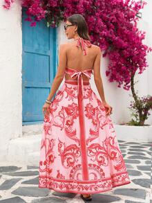Vivid Eden Vestido Casual de Verão Feminino com Estampa Completa e Decote Halter Sem Costas - Rosa chiclete - Visão 3