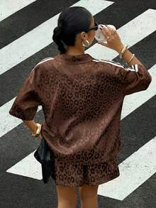 Muchica Bộ áo sơ mi và quần short dáng rộng họa tiết da báo mới dành cho nữ, mùa xuân/hè. - màu nâu - Xem 2