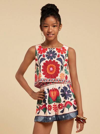 Travachic KIDS Set camisol și pantaloni scurți cu talie elastică și imprimeu floral drăguț pentru fete Tween, stil casual de vacanță