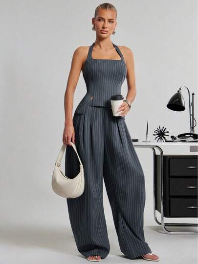 Hauture Women's Sexy Casual Office Solid Stripe Pleated Oversized Barrel Pants