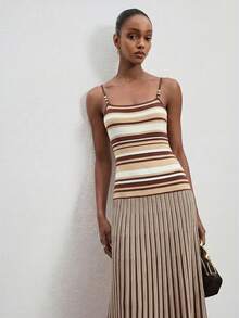 ATUI Studio Đầm dệt kim dây đeo vai đính hạt sọc dành cho nữ - Màu be - Xem 2