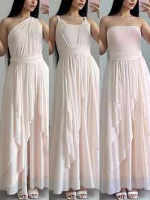 SHEIN Raffinéa 时尚派对礼服，浪漫荷叶边下摆多穿式长裙，粉色 - 淺粉色 - 查看 2