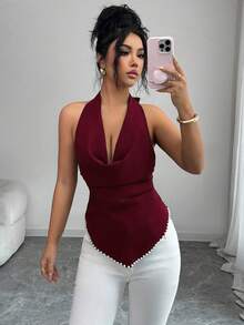 Elenzga Women's 2026 Spring/Summer New Draped Neck Ruched Backless Camisole - Burgundy - View 4