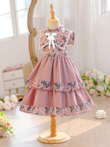 SHEIN Young Girl Ditsy Floral Contrast Color Bow Sleeveless Casual Dress, Young Girls - Pink - View 10