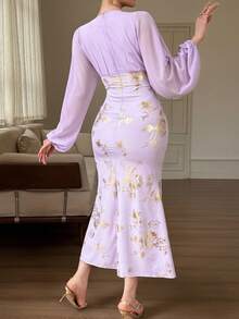 DAZY Damen Laternärmel Figurbetontes elegantes langes Kleid, Blumenkleid für Damen, Sommerkleid für Damen - Mauve - Übersicht 5