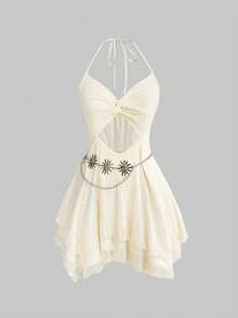 ROMWE Avant Đầm ngắn xếp lớp ren xoắn kiểu dáng nghỉ dưỡng dành cho nữ - Màu be - Xem 1