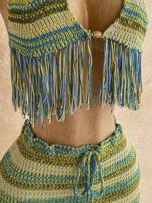 Soleia 女士度假风流苏下摆露背针织上衣和针织迷你裙两件套 - 彩色 - 查看 3