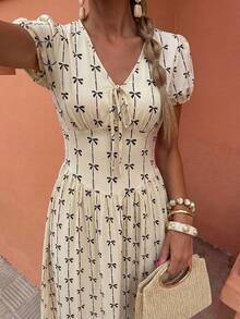 Flora Isola Flora Isola 优雅女士夏季优雅松紧腰泡泡袖女士长裙、长裙。适合春夏季、演唱会女装，优雅适合日常通勤、音乐节、节日穿着 - 杏色 - 查看 5