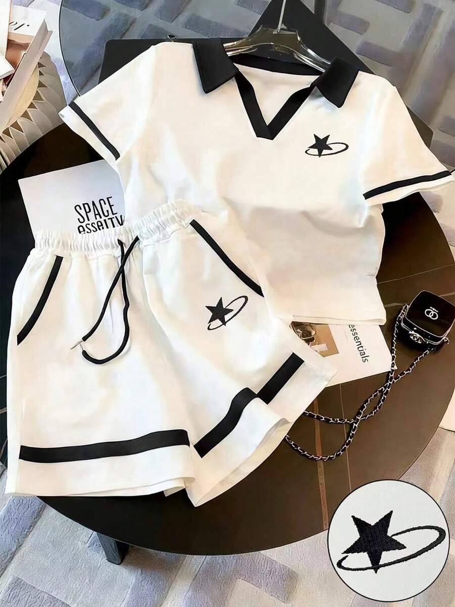 Resyla Bộ 2 món đồ thời trang nữ tối giản thêu và in hình ngôi sao, món quà tuyệt vời dành cho bạn bè. - trắng - Xem 1