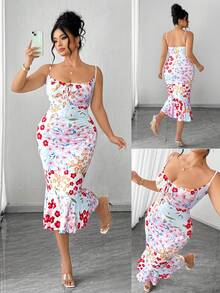 Elenzga Plus Size Women Summer Elegant Romantic Vacation Sleeveless Adjustable Strap Bodycon Dress - Multicolor - View 1