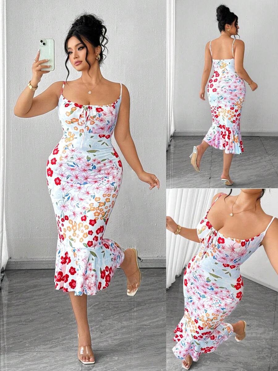 Elenzga Plus Size Women Summer Elegant Romantic Vacation Sleeveless Adjustable Strap Bodycon Dress - Multicolor - View 1