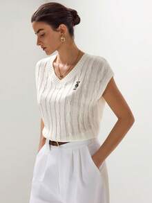 Briarwyn Áo thun nữ cổ chữ V thêu hình gấu, kiểu dáng thường ngày, đa năng, chất liệu dệt kim, tay ngắn. - Màu be - Xem 4