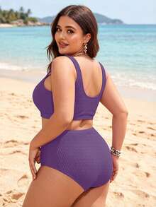 SHEIN Swim Lushore Plus Size Solid Color Bikini Set, Suitable For Beach Vacation - Purple - View 2