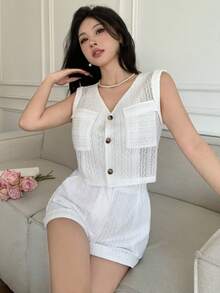 EMERY ROSE Conjunto de 2 peças para mulheres, composto por Colete sem mangas com decote em V, bolsos duplos e barra dobrada, e Shorts de cintura alta com bolsos duplos. Conjunto de Verão Branco de 2 Peças para Mulheres, Conjunto de Shorts Brancos para Mulheres, Conjunto de Roupas de Férias para Mulheres, Conjunto de Roupas de Verão para Mulheres, Conjunto de Roupas de Praia para Mulheres - Branco - Visão 7