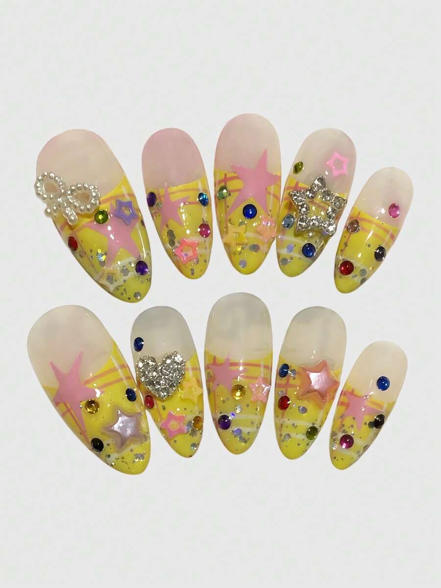 ROMWE Kawaii Móng giả kiểu ballerina hình trái tim lãng mạn viền ren, nơ trắng và cánh kim loại hình nốt nhạc màu hồng, sản xuất hàng loạt, kiểu dáng năng động dành cho các cô gái, thích hợp cho các buổi đi chơi và hẹn hò hàng ngày. - Màu vàng - Xem 1