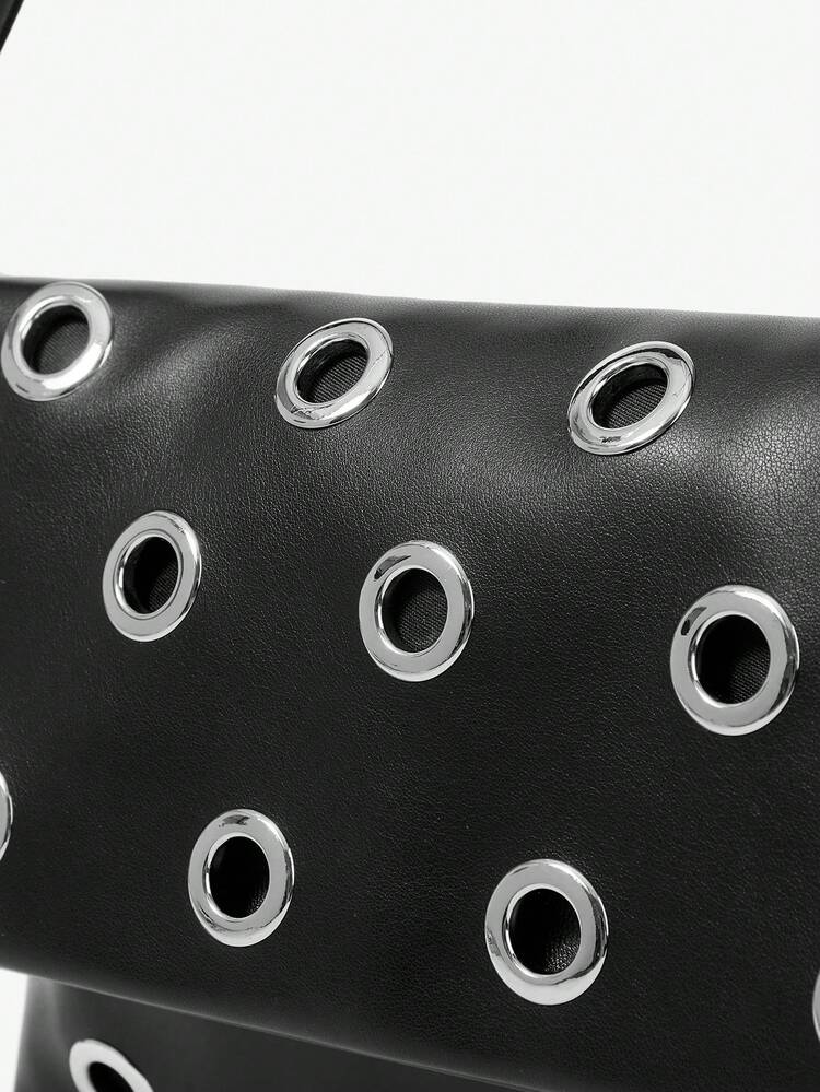 SHEIN Maija Ladies, Women Black Shoulder Bag, Faux Leather, Black Bag, Fashionable, Personalized, Simple, Versatile, Street, Retro, Rivets, For Commute, Office, Date, Daily, Shopping