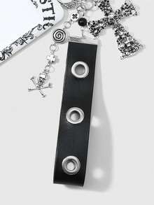 Goth 1 Y2k 重工业朋克复古个性化独特暗黑风格哥特式黑色亮面皮革金属透气眼孔腕带树脂圆珠古银色漩涡圆形蛋糕恶魔翅膀骷髅骨十字架玫瑰蜘蛛网字母“享乐主义”印花白色亚克力滑盖卡套校园卡套星卡套旅行交通卡套 DIY 钥匙扣配件包挂件，适合上班族、学生、派对爱好者、日常佩戴、节日礼物 - 黑白色-141 - 查看 10