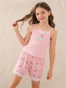女童蝴蝶兔子图案“快乐”印花吊带背心配蕾丝边和短裤睡衣套装，休闲家居服 - 粉色 - 查看 4