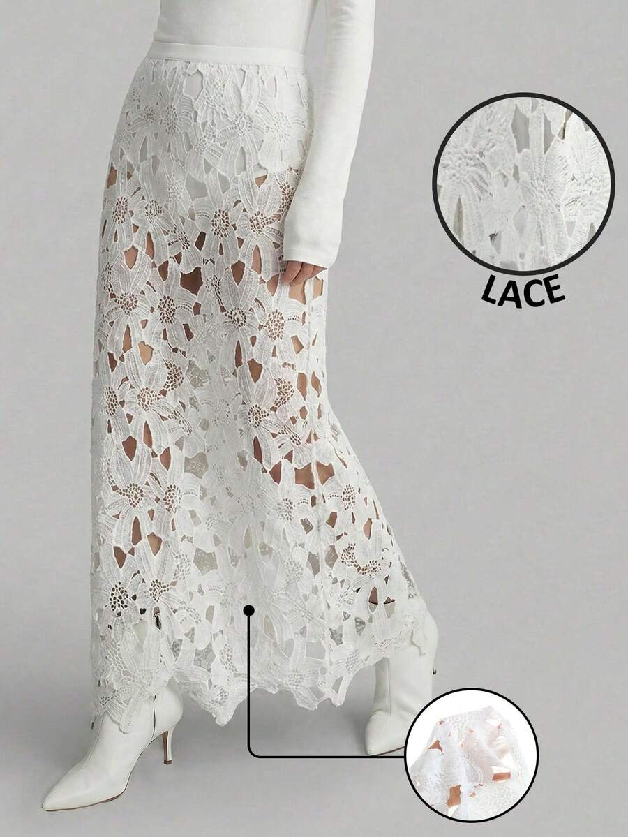 Ontre 2026春夏新款镂空蕾丝面料宽松女裙，优雅派对装扮，高端精致都市休闲商务风，低调优雅气质，高品质机场时尚单品，百搭叠穿，感恩节必备 - 白色 - 查看 1