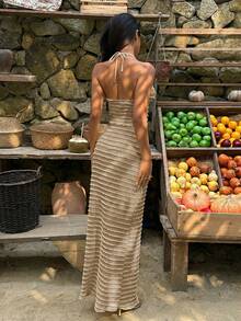 Sunnyshic 浅黄色女士提花吊带背心和长裙套装，度假装 - 卡其色 - 查看 2