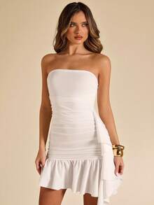 SHEIN BAE Weißes ärmelloses Kleid mit geraffter Rüschenborte, leichtes figurbetontes weißes Kleid, Damen Frühling/Sommer, Rückkehr zur Schule, Abschluss, reines Weiß, Hochzeitsgast Outfit, minimalistisch elegant sexy Kleid, anmutiges Kleid, Hochzeitsgast Outfit, Urlaub & Date - Weiss - Übersicht 7