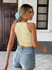 Serisse Vacation Casual Solid Color Lace Trim Halter Crop Top - Pale Yellow - View 2