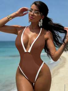 Swim SXY Áo tắm liền thân nữ phối đen trắng, cổ chữ V sâu, dây đeo, thích hợp cho kỳ nghỉ hè ở bãi biển. - màu nâu - Xem 3