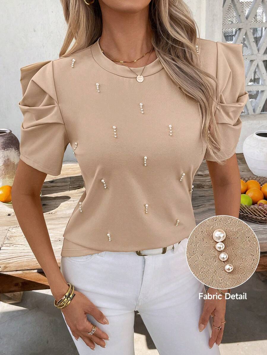 SHEIN Clasi Áo thun ngắn tay nữ thanh lịch đính ngọc trai, thích hợp cho mùa hè. - Màu Khaki - Xem 1