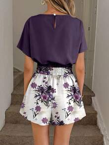 SHEIN LUNE Women's Casual Comfortable Vacation Chic Commute Abstract Geometric Line Pattern Cinched Waist Short Top And Shorts 2-Piece Set, Spring/Summer - Multicolor - View 2