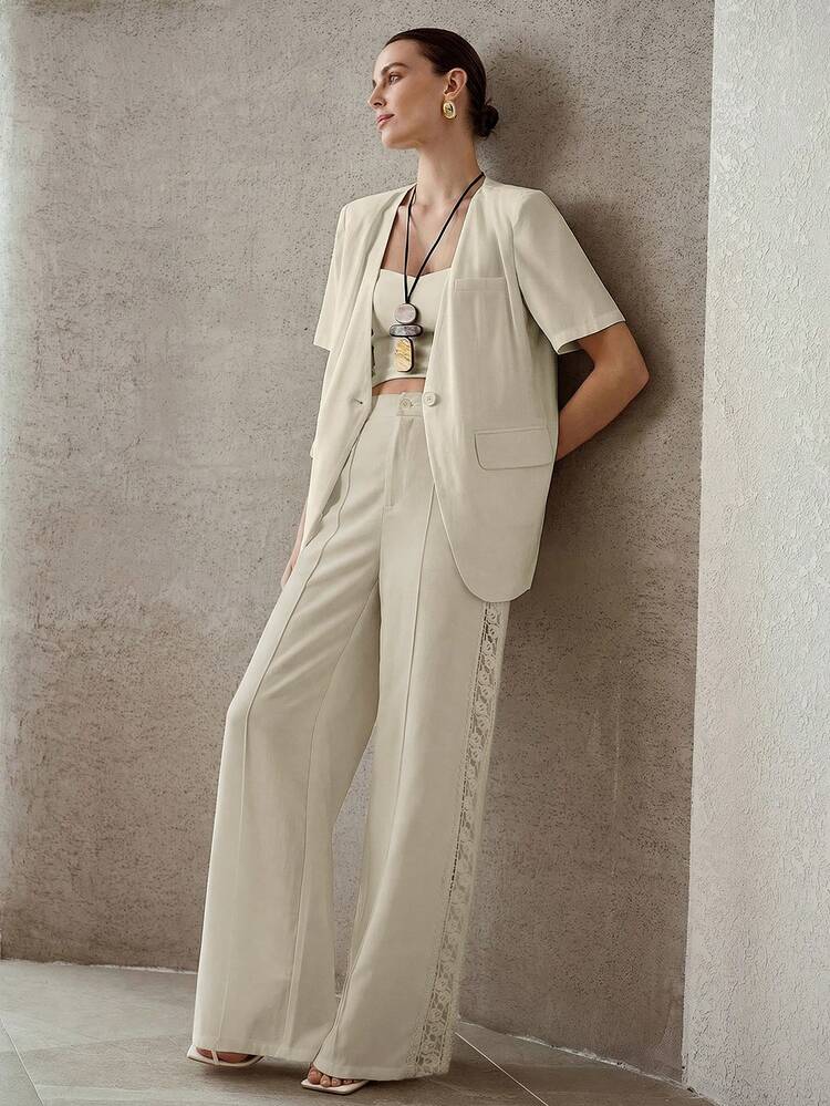 WOMEN'S FRENCH LACE HOLLOW-OUT HIGH WAIST LOOSE STRAIGHT PANTS, SLIMMING SPRING/SUMMER