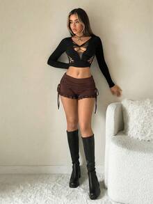 SHEIN ICON Slim Fit Drawstring Waist Lace Trim Comfortable Casual Shorts - Coffee Brown - View 4