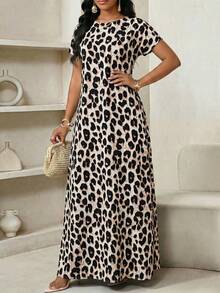 SHEIN Lady 女士豹纹圆领短袖休闲连衣裙 - 彩色 - 查看 4