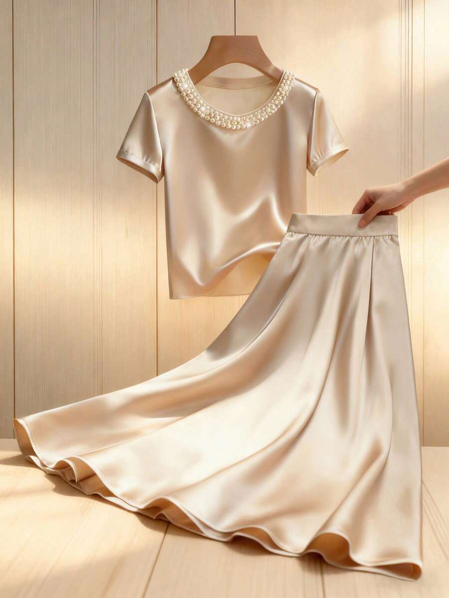 Franclia 女士优雅圆领珍珠装饰短袖T恤，适合通勤，两件套搭配长款喇叭休闲裙 - 杏色 - 查看 1