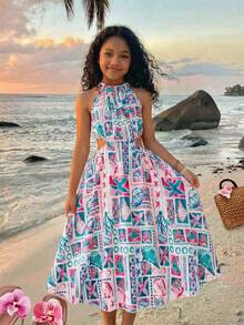 SHEIN Đầm không tay cổ yếm khoét eo họa tiết retro cho bé gái tuổi teen, thích hợp cho kỳ nghỉ hè ở bãi biển. - Nhiều màu - Xem 1