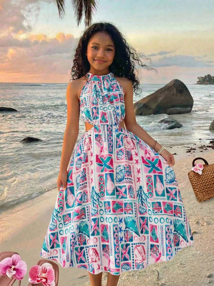 SHEIN Đầm không tay cổ yếm khoét eo họa tiết retro cho bé gái tuổi teen, thích hợp cho kỳ nghỉ hè ở bãi biển. - Nhiều màu - Xem 1