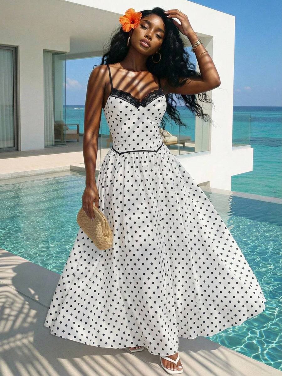 Slaydiva Women's Lace Trim White With Black Polka Dots Long Dress,Summer Tropical Vacation Holiday Beach Dresses,Wedding Guest Graduation Party Formal Outfit
