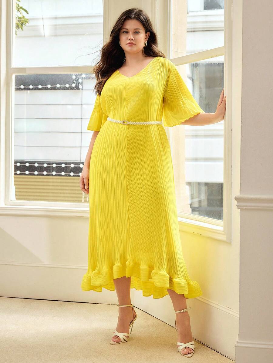 MOTF PREMIUM PLUS SIZE PLEATED LONG DRESS WITH BELT, COMFORTABLE FOR SPRING & SUMMER - Yellow - View 2