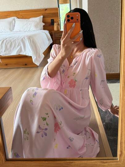 DAZY Floral Print Long Dress, Suitable For Spring And Summer Wear, Women Nightgown