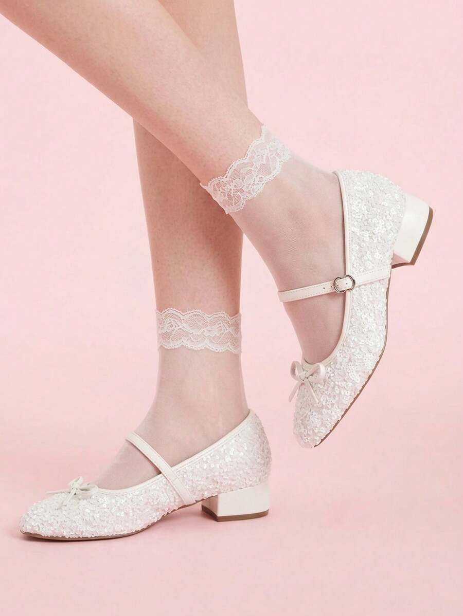CUCCOO DOLLMOD Giày nữ mũi tròn, trang trí nơ, đính sequin trắng, bóng bẩy, dễ thương, đế dày, đế thấp, kiểu Mary Jane. - trắng - Xem 1
