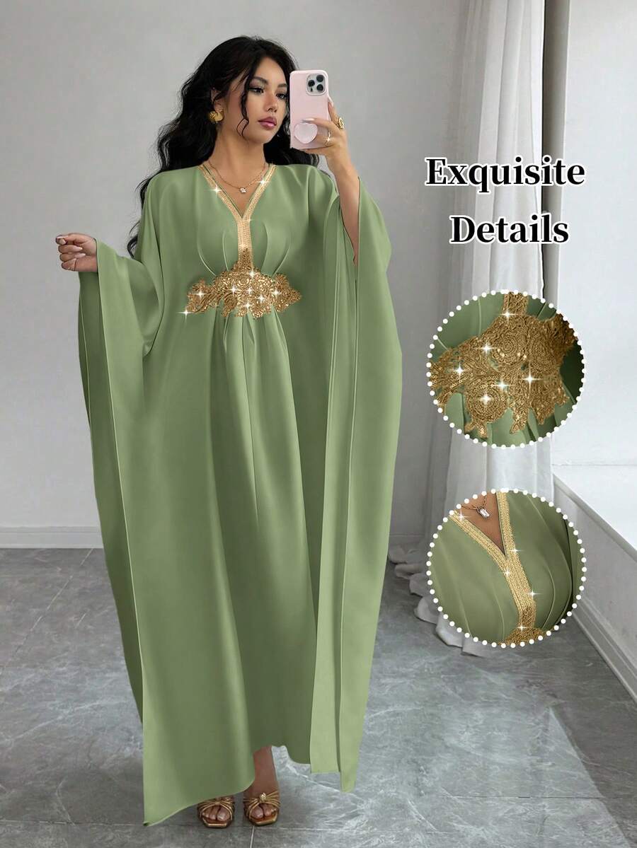 SHEIN Elenzya 金色滚边装饰优雅收腰修身舒适中长连衣裙,女士款 - 綠色 - 查看 1