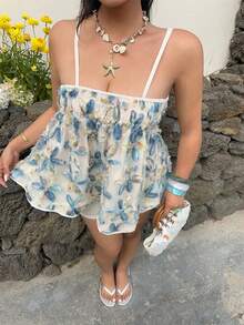 SHEIN SunnyBelle 大码女式碎花荷叶边吊带背心，适合夏季度假穿着。多巴胺音乐节 - 彩色 - 查看 3