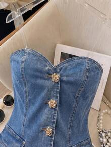 SHEIN MOD Áo hai dây denim nữ khóa kim loại, kiểu dáng thường ngày, đa năng. - Rửa nhẹ - Xem 5