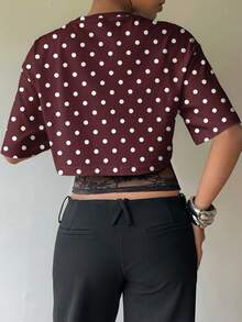 Siren Gaze Áo thun nữ màu nâu chấm bi trắng phối ren trang nhã, kiểu dáng tối giản thường ngày, đa năng cho mùa xuân/hè. - Nhiều màu - Xem 2