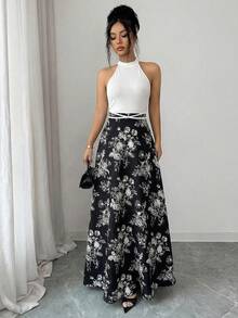 SHEIN Elenzya French Style Women's Summer New Arrival Distinctive Design Cinched Waist Floral Print Halter Neck Dress - Multicolor - View 3