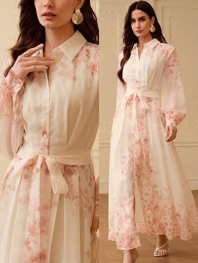 ZEYLAH Women's Floral Print Long Sleeve Single-Breasted Elegant Shirt Dress