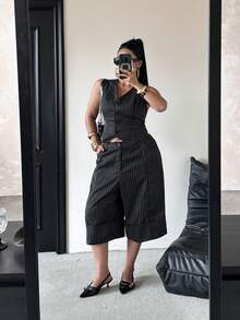 POPSWAY Bộ đồ hai mảnh thời trang thanh lịch mùa Xuân/Hè gồm áo ba lỗ kẻ sọc ôm dáng và quần lửng ống rộng cạp cao. - màu đen - Xem 4