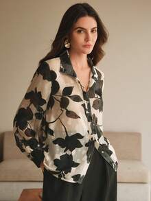 Anewsta Áo sơ mi dài tay họa tiết hoa văn jacquard Pháp dệt kim màu mơ đen dành cho nữ, thanh lịch, giản dị, nghỉ dưỡng, mùa xuân - màu đen - Xem 4