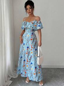 Elenzga Women's Summer Beach Holiday Tea Party Holiday Floral Print Cold Shoulder Ruffle Trim Waist Dress Light Blue Boho - Multicolor - View 7