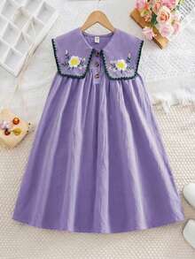 SHEIN Tween Girls/Tween Girl Girls Pastoral Floral Embroidered Pattern Ruffle Collar Puff Sleeve Dress,Versatile Round Neck Trim Contrast Color - Purple - View 5