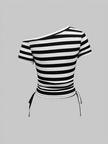 ROMWE Avant Camiseta con estampado de rayas de colores y parches de contraste, estilo Y2K Kpop - Blanco y Negro - Ver 2